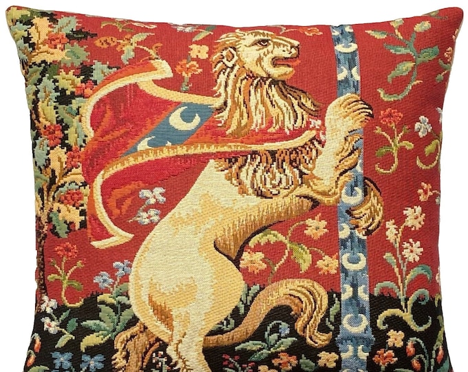 Cluny Lion from Lady & the Unicorn BELGIAN Belgium Jacquard WOVEN Hand Finished Tapestry Pillow Cushion Cover With Zip, 44cm, 17*