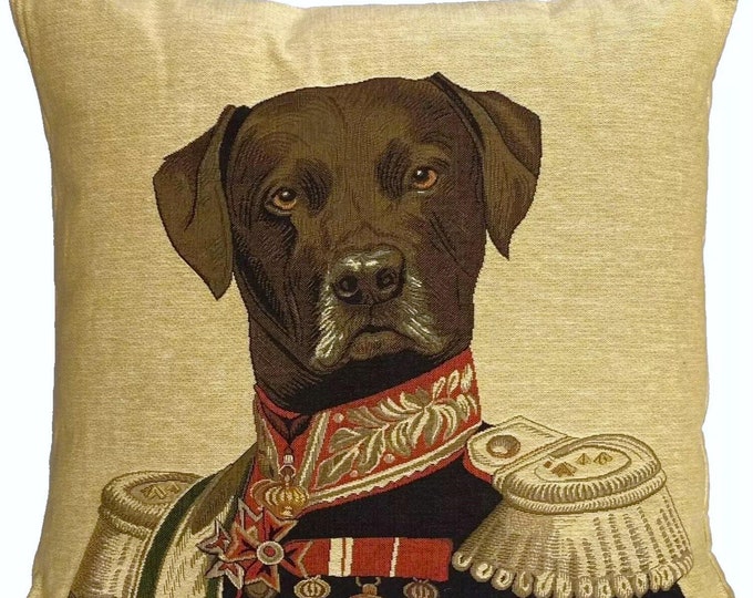 The Admiral Chocolate Labrador by Thierry Poncelet, BELGIAN Jacquard WOVEN Hand Finished Tapestry Pillow Cushion Cover 46cm x 46cm 18" x 18"