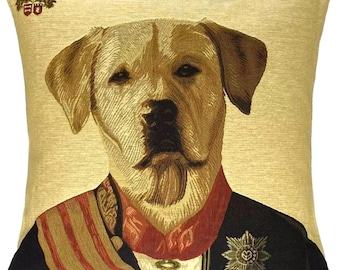 Military Labrador Aristodog by Thierry Poncelet, BELGIAN Jacquard WOVEN Hand Finished Tapestry Pillow Cushion Cover 46cm x 46cm 18" x 18"