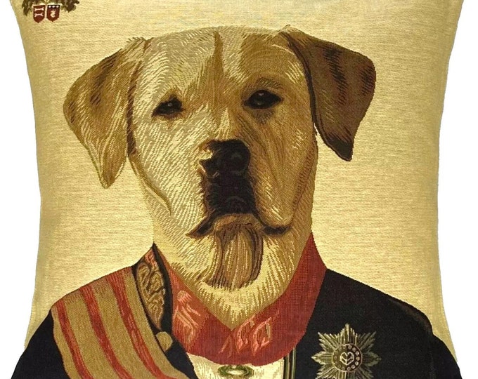 Military Labrador Aristodog by Thierry Poncelet, BELGIAN Jacquard WOVEN Hand Finished Tapestry Pillow Cushion Cover 46cm x 46cm 18" x 18"