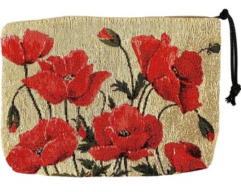 Red Poppies on Beige Background, Hand Finished BELGIAN TAPESTRY Trousse Purse Pouch Toiletry Cosmetic Bag 20CM X 15CM, Lined, with zip