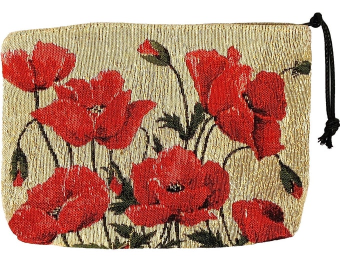 Red Poppies on Beige Background, Hand Finished BELGIAN TAPESTRY Trousse Purse Pouch Toiletry Cosmetic Bag 20CM X 15CM, Lined, with zip