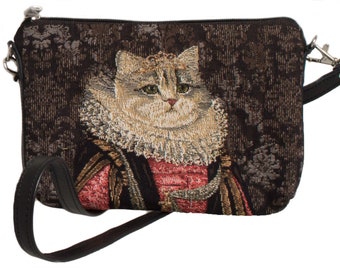 Cat lovers BELGIAN TAPESTRY Regal Elizabethan Cat with Ruff Tiara / Crown Clutch / Evening Bag 23CM X 16CM detachable leather shoulder strap