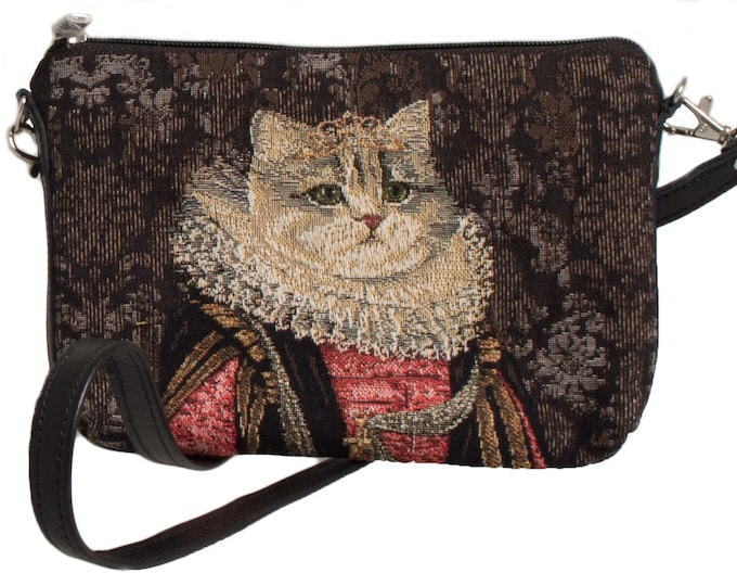 Cat lovers BELGIAN TAPESTRY Regal Elizabethan Cat with Ruff Tiara / Crown Clutch / Evening Bag 23CM X 16CM detachable leather shoulder strap
