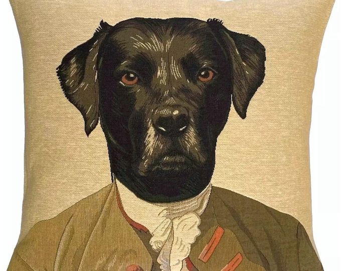 Mr Blackwell Black Labrador by Thierry Poncelet, BELGIAN Jacquard WOVEN Hand Finished Tapestry Pillow Cushion Cover 46cm x 46cm 18" x 18"