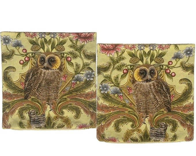 Set of 2 Owl BELGIAN JACQUARD WOVEN Hand Finished Fauve Fine Arts Tapestry Cushion Pillow Covers with Zipper, 46cm x 46cm, 18" x 18"
