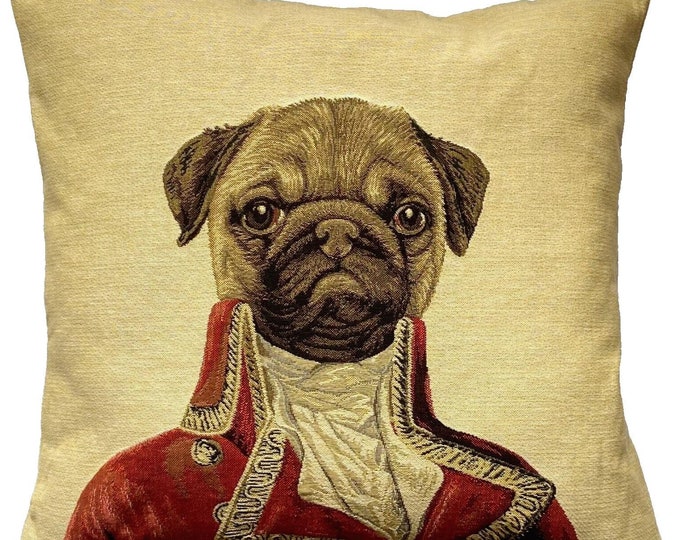 Mr Montague PUG by Thierry Poncelet, BELGIAN Jacquard WOVEN Hand Finished Tapestry Pillow Cushion Cover 46cm x 46cm 18" x 18"