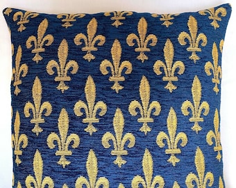 Golden Fleur de Lys on Blue Chenille BELGIAN Belgium Jacquard Woven Hand Finished Tapestry Pillow Cushion Cover, 35cm, 13.5", With Zip