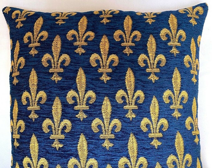 Golden Fleur de Lys on Blue Chenille BELGIAN Belgium Jacquard Woven Hand Finished Tapestry Pillow Cushion Cover, 35cm, 13.5", With Zip