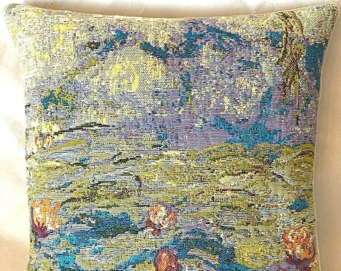 Claude MONET Nympheas Water Lilies, BELGIAN Belgium Jacquard WOVEN Hand Finished Tapestry Pillow Cushion Cover, 33cm x 33cm, 13" X 13"