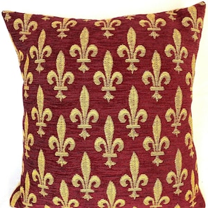 Funda de cojín con tapiz belga tejido a mano con flor de lis dorada sobre chenilla roja, 35 cm (13,5 pulgadas) con cremallera