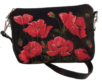 Large Poppies on Black Background Belgian TAPESTRY Clutch / Formal / Evening Bag 23CM X 16CM with detachable matching leather shoulder strap