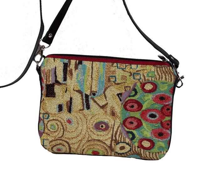 Art lovers BELGIAN TAPESTRY Hand Finished Gustav KLIMT Flowers Lined Clutch / Evening Bag 23CM X 16CM, detachable leather shoulder strap