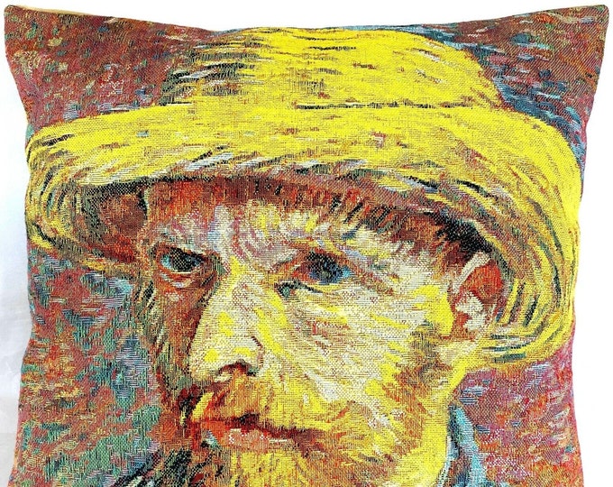 Vincent Van GOGH Self Portrait with Straw Hat, BELGIAN Jacquard WOVEN Hand Finished Tapestry Pillow Cushion Cover, 34cm, 13", With Zip