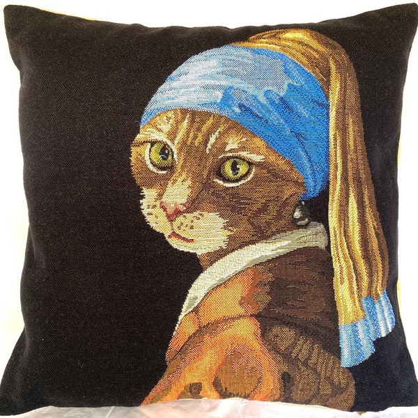 Cat lovers Anthropomorphic CAT With The Pearl Earring Belgium BELGIAN Jacquard WOVEN Hand Finished 47cm 18" Tapestry Pillow Cushion Cover