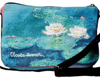 Art lovers BELGIAN TAPESTRY Hand Finished Monet Water Lilies Lined Clutch / Evening Bag 23CM X 16CM, detachable leather shoulder strap