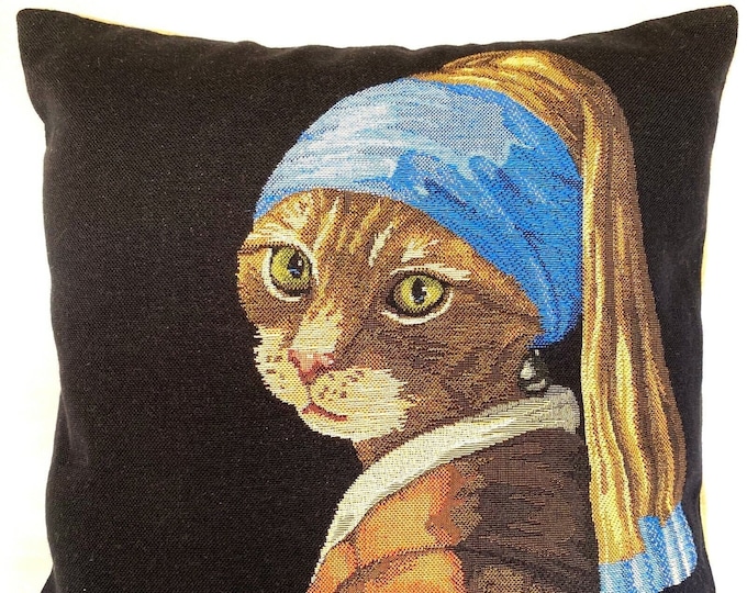 Cat lovers Anthropomorphic CAT With The Pearl Earring Belgium BELGIAN Jacquard WOVEN Hand Finished 47cm 18" Tapestry Pillow Cushion Cover