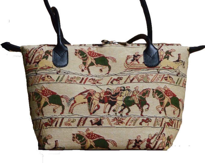 BAYEUX BELGIAN TAPESTRY Malta Style Hand Bag 36cm x 24cm, Hand finished and fully lined with leather handles & zip closure