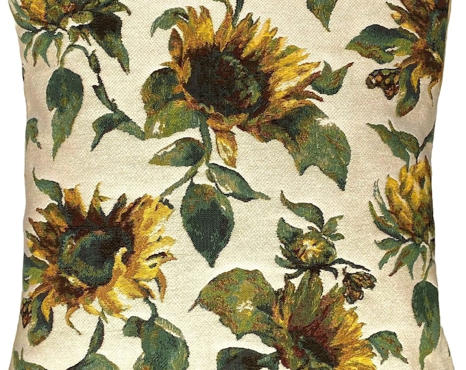 Sunflowers BELGIAN Belgium Jacquard WOVEN Hand Finished Tapestry Pillow Cushion Cover, 46cm x 46cm, 18" x 18" With Zip