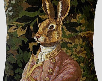 Hare in Pink Jacket with Verdure Greenery Background BELGIAN WOVEN Hand Finished 46cm 18" Tapestry Cushion Pillow Cover, BeigeVelvet Back