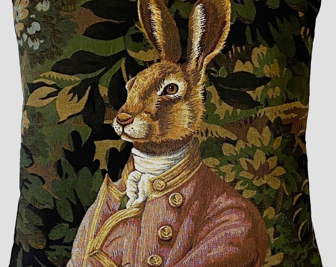 Hare in Pink Jacket with Verdure Greenery Background BELGIAN WOVEN Hand Finished 46cm 18" Tapestry Cushion Pillow Cover, BeigeVelvet Back