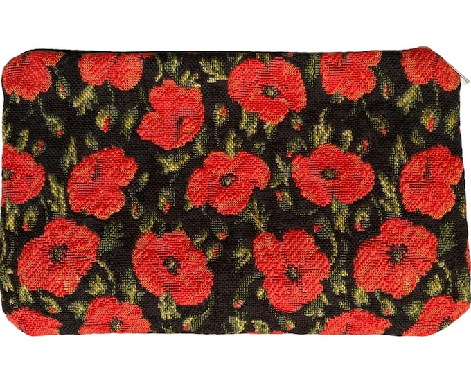 Poppies on Black Background Hand Finished BELGIAN TAPESTRY Purse Pouch Toiletry Cosmetics Bag 17cm x 11cm, fully lined, zip & pull