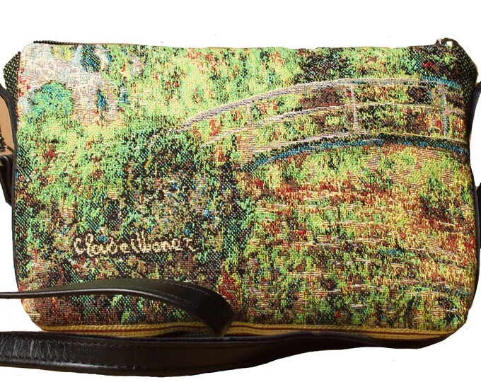 Art lovers BELGIAN TAPESTRY Hand Finished Monet Pont Giverny Bridge Lined Clutch Evening Bag 23CM X 16CM, detachable leather shoulder strap