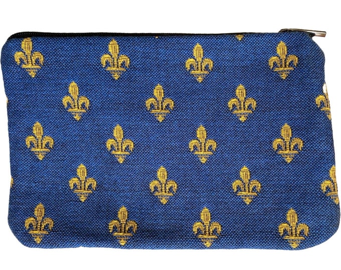 Gold Fleur de Lys on Blue Background Hand Finished BELGIAN TAPESTRY Purse Pouch Toiletry Cosmetics Bag 17cm x 11cm, fully lined, zip & pull