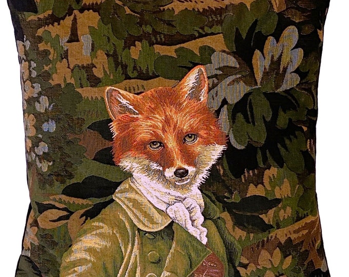 Fox in Green Jacket with Verdure Greenery Background BELGIAN WOVEN Hand Finished 46cm 18" Tapestry Cushion Pillow Cover, Beige Velvet Back