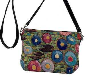 Art lovers BELGIAN TAPESTRY Hand Finished Gustav KLIMT Circles Lined Clutch / Evening Bag 23CM X 16CM, detachable leather shoulder strap