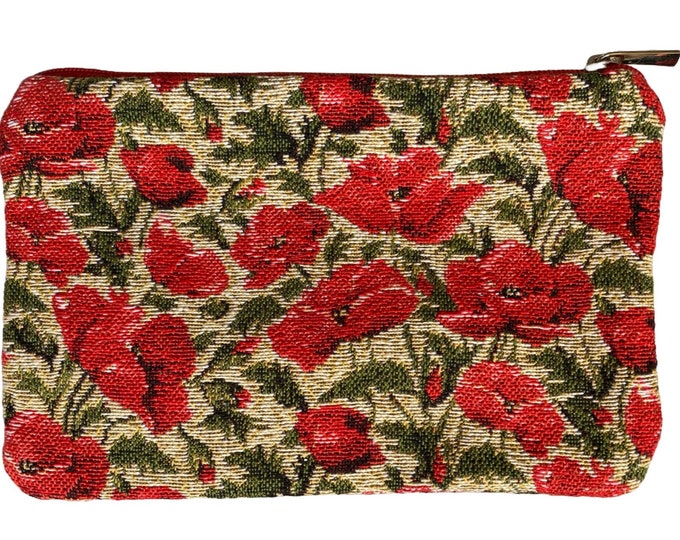 Poppies on Beige Background Hand Finished BELGIAN TAPESTRY Purse Pouch Toiletry Cosmetics Bag 17cm x 11cm, fully lined, zip & pull