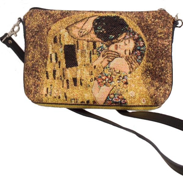 Gustav KLIMT The Kiss, Amateurs d’art TAPISSERIE BELGE Finition à la main Pochette doublée / Sac de soirée 23CM X 16CM, bandoulière en cuir détachable