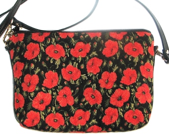 Small Poppies on Black Background Belgian TAPESTRY Fully lined Clutch / Evening Bag 23CM X 16CM with detachable leather shoulder strap