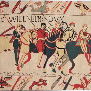 Reproduction of part of BAYEUX tapestry, 19" x 26", 48cm x 66cm BELGIAN jacquard woven tapestry wall hanging, fully lined + rod sleeve