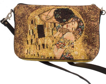 Gustav KLIMT The Kiss, Art lovers BELGIAN TAPESTRY Hand Finished Lined Clutch / Evening Bag 23CM X 16CM, detachable leather shoulder strap