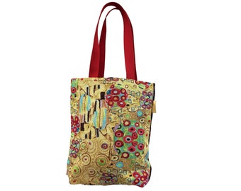 BELGIAN Tapestry Woven Hand Finished Tote Shoulder Bag Handbag, GUSTAV KLIMT Flowers, Fauve Fine Arts, 38cm x 34cm Excluding Handles