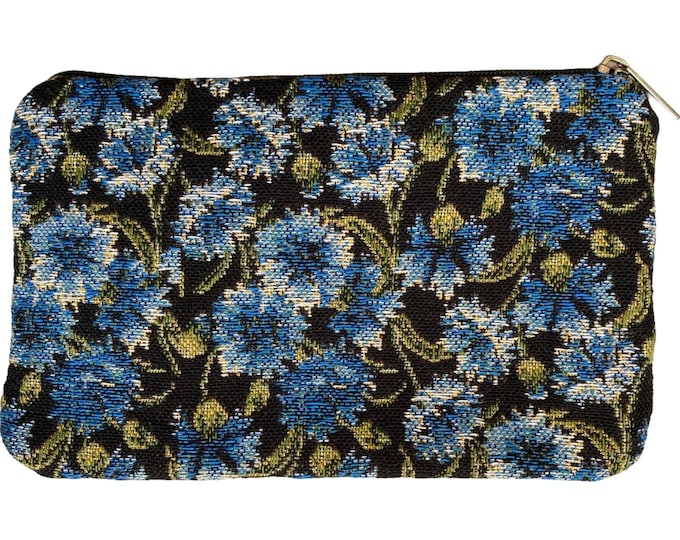 Bleuets Cornflowers on Black Background Hand Finished BELGIAN TAPESTRY Purse Pouch Toiletry Cosmetics Bag 17cm x 11cm, lined with zip & pull