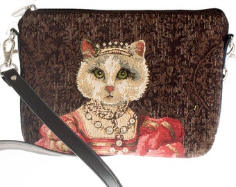 Cat lovers BELGIAN TAPESTRY Regal Cat with Red Dress and Tiara / Crown Clutch / Evening Bag 23CM X 16CM, detachable leather shoulder strap