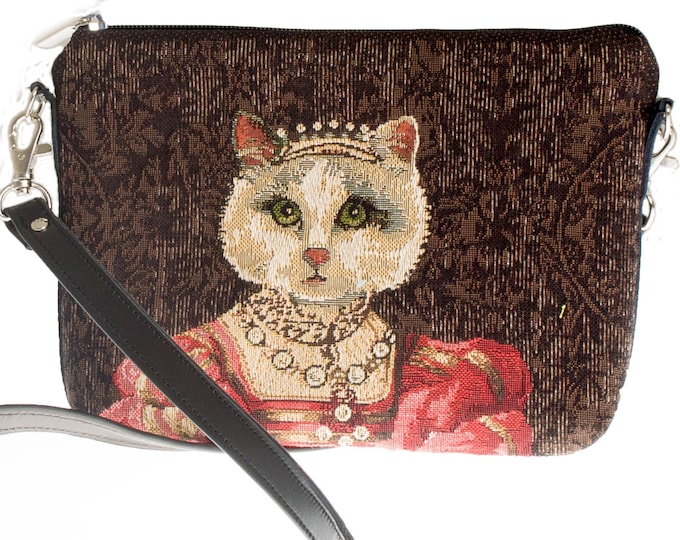 Cat lovers BELGIAN TAPESTRY Regal Cat with Red Dress and Tiara / Crown Clutch / Evening Bag 23CM X 16CM, detachable leather shoulder strap