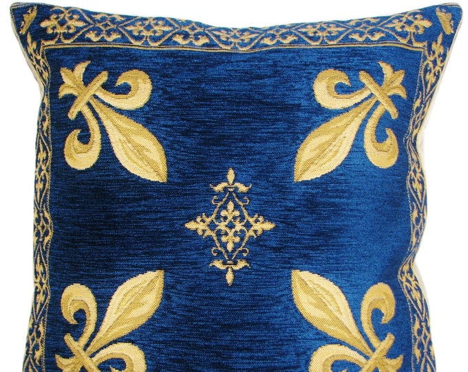 Golden Fleur de Lys on Blue Chenille BELGIAN Belgium Jacquard Woven Hand Finished Tapestry Pillow Cushion Cover, 35cm x 35cm 14" x 14", zip