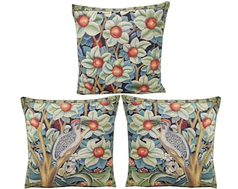 Set of 3 WILLIAM MORRIS Woodpecker Orange Tree Design Belgian Jacquard Woven Hand Finished TAPESTRY Pillow Cushion Covers 47cm, 18.5"