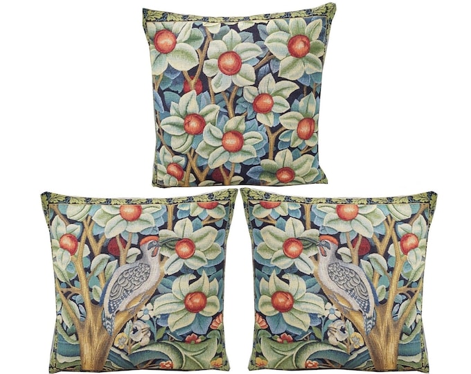 Set of 3 WILLIAM MORRIS Woodpecker Orange Tree Design Belgian Jacquard Woven Hand Finished TAPESTRY Pillow Cushion Covers 47cm, 18.5"