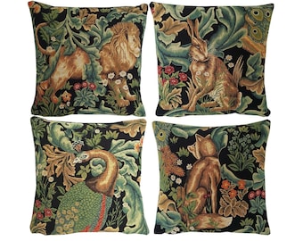 Set of 4 JACQUARD WOVEN Belgian BELGIUM Tapestry Pillow Cushion Covers 47cm 18" William Morris Design Black Forest Peacock, Hare, Wolf, Lion