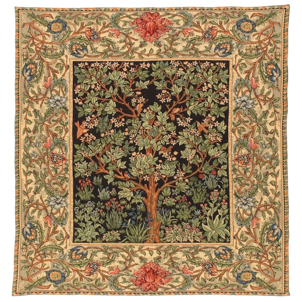 Tapiz BELGA Jacquard acabado a mano 150 cm x 150 cm Árbol de la vida Diseño William MORRIS Tapiz suave al tacto Cubrecama Cubrecama ocasional