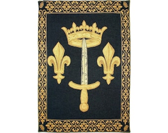 Joan of Arc Sword & Crown, 26" x 18" 66cm x 46cm BELGIAN Belgium jacquard woven tapestry wall hanging, fully lined with rod sleeve