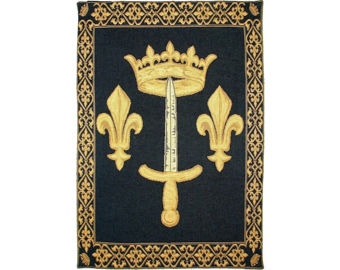 Joan of Arc Sword & Crown, 26" x 18" 66cm x 46cm BELGIAN Belgium jacquard woven tapestry wall hanging, fully lined with rod sleeve