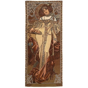 手仕上げ 45 cm x 100 cm フランス製ゴブラン織りタペストリー 壁掛け アルフォンス・ミュシャの四季 秋 / Autumn、ロッドスリーブ付き裏地付き