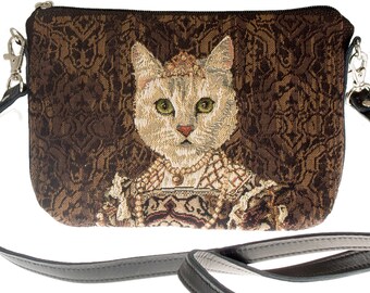 Cat lovers BELGIAN TAPESTRY Regal Cat with Pearl Necklace Tiara / Crown Clutch / Evening Bag 23CM X 16CM, detachable leather shoulder strap