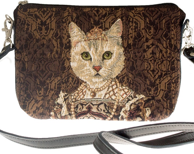 Cat lovers BELGIAN TAPESTRY Regal Cat with Pearl Necklace Tiara / Crown Clutch / Evening Bag 23CM X 16CM, detachable leather shoulder strap