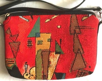 Art lovers BELGIAN TAPESTRY Hand Finished KANDINSKY For & Against, Lined Clutch / Evening Bag 23CM X 16CM, detachable leather shoulder strap